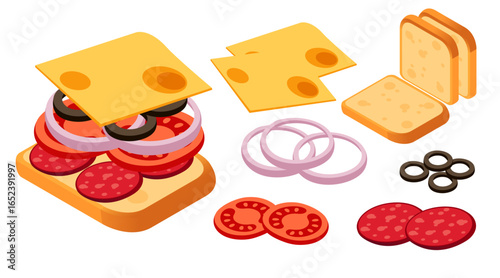 Isometric sandwich ingredients set. Swiss cheese slices, salami, onion rings, tomatoes, olives, and bread. Colorful food components for meal preparation. Vector illustration isolated on white