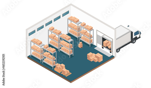 Isometric warehouse delivery truck. Storage facility entrance shelving units boxes vehicle docked for loading. Blue floor logistics center design. Vector illustration isolated on white background