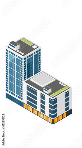 Isometric building complex. Two connected towers different heights. Blue structures with green rooftop gardens. Orange ground floor retail spaces. Mixed-use urban development. Vector illustration