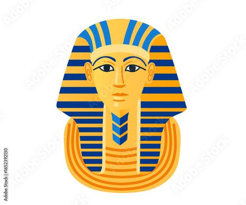 Egyptian pharaoh golden mask portrait. Blue and gold striped headdress nemes. Traditional ancient ruler face design. Historical cultural symbol artwork. Vector illustration isolated on white