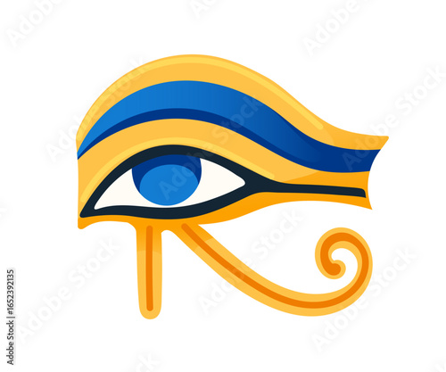 Ancient Egyptian Eye of Horus symbol. Blue and golden colors with decorative spiral element below. Sacred protective amulet design. Traditional hieroglyphic art style. Vector illustration on white