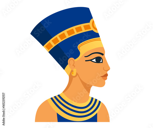 Egyptian queen profile portrait. Blue crown headdress with golden decorations. Ancient royal woman face silhouette. Historical cultural artwork design. Vector illustration isolated on white