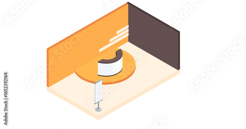 Isometric exhibition booth interior. Orange walls with circular platform display. Minimalist trade show stand design. Modern presentation space with clean lines. Vector illustration on white