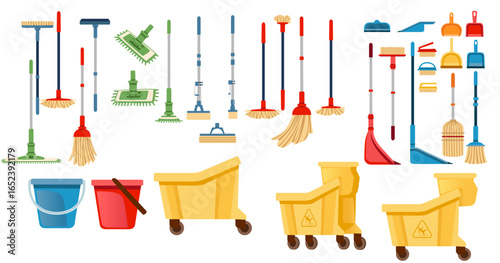 Cleaning tools and equipment collection. Colorful mops, brooms, buckets, brushes, dustpans in flat design. Professional janitorial supplies. Service industry items for housekeeping. Vector set