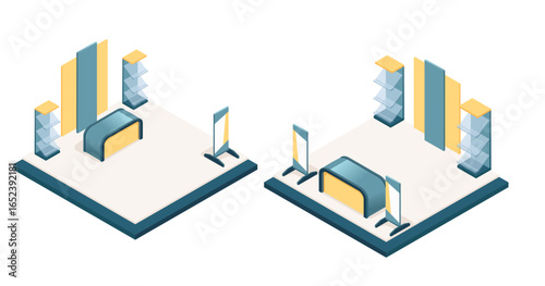 Isometric exhibition stands set. Blue and yellow trade show booths with display panels. Modern expo furniture design. Marketing presentation spaces with dividers. Vector illustration on white