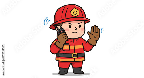 Cartoon Firefighter Character with Walkie-Talkie and Stop Gesture