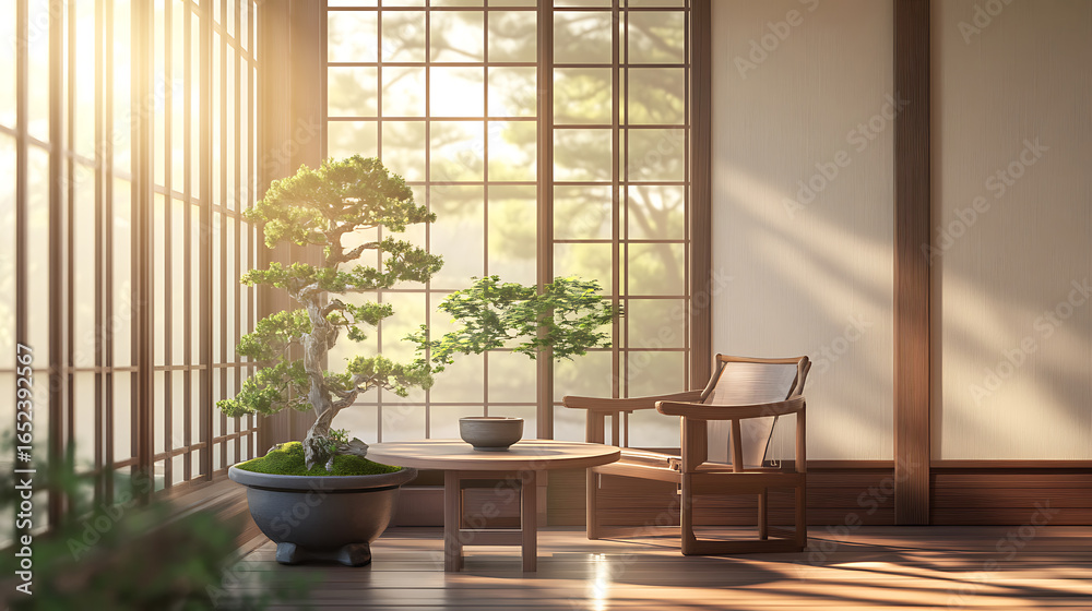 Fototapeta premium Serene Japanese Interior with Bonsai Trees and Natural Light
