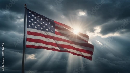 American Flag, Sunburst Through Storm Clouds