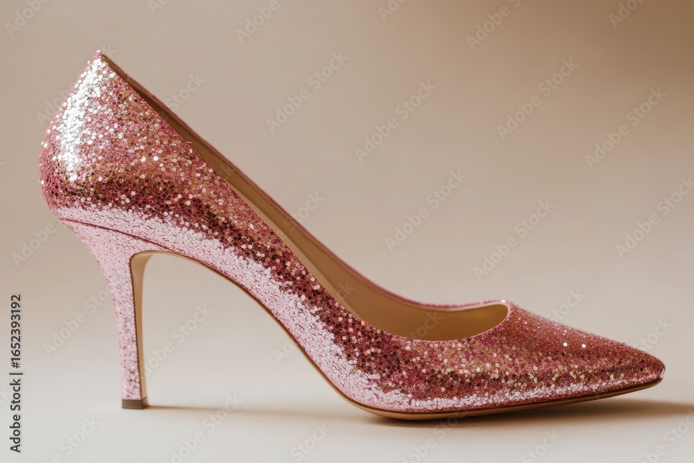 Obraz premium Elegant pink glitter stiletto heel, Glamorous pink glitter stiletto heel with a high arch and pointed toe