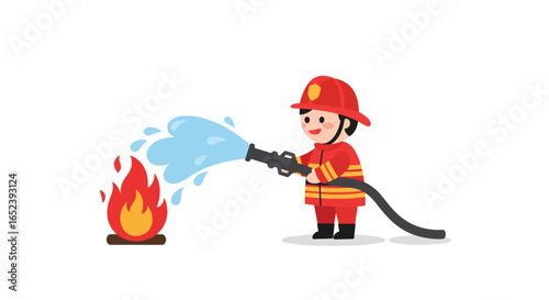 Cartoon Firefighter Extinguishing Fire with Water Hose