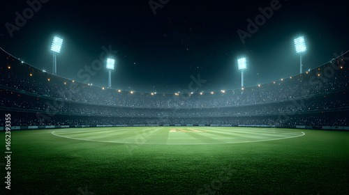 A cricket stadium showcases a vibrant green pitch, surrounded by neatly trimmed grass. Floodlights stand tall above, ready to illuminate the field for an exciting match. The scene exudes anticipation.