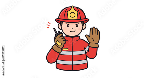 Cartoon Firefighter with Walkie-Talkie and Stop Gesture