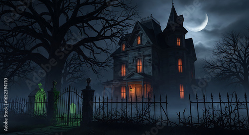 A spooky haunted house with a graveyard under a crescent moon on a foggy night illustration