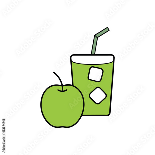 Refreshing green apple juice with a dynamic ice splash and sliced fruit illustration
