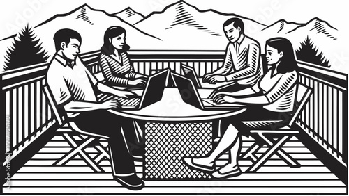 Four people working on laptops around a table on a deck with a mountain view in black and white style |  editable eps vectors silhouette