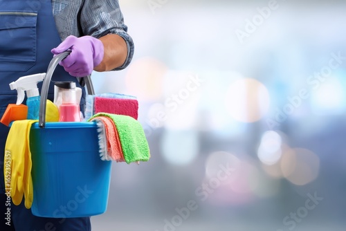 Cleaning professional holding blue bucket with supplies, orange gloves, commercial building background.Professional hygiene maintenance concept.