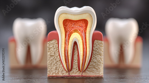 Wallpaper Mural A detailed cross-section of a tooth reveals its structure, showing the enamel, dentin, and pulp. The gums and surrounding teeth illustrate the importance of dental health and anatomy in oral care. Torontodigital.ca