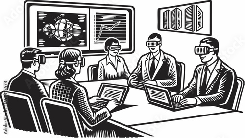 Business team using vr headsets in meeting with charts and building models displayed on screens around them |  editable eps vectors silhouette