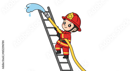 Cute Cartoon Firefighter Climbing Ladder with Water Hose