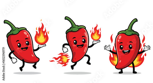 Cute Cartoon Chili Pepper Characters with Fire