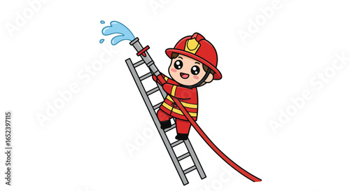 Cute Cartoon Firefighter Climbing Ladder with Water Hose