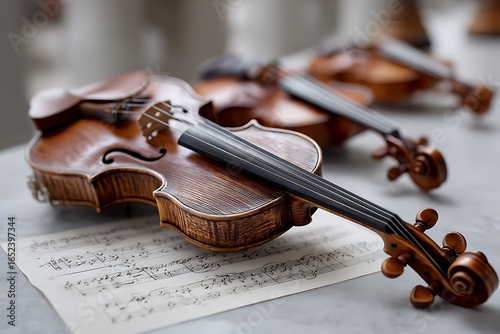 A violin resting on sheet music, with other violins in the background, highlighting the beauty and craftsmanship of string instruments.