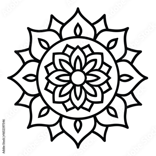Intricate Black and White Mandala Design with Floral Elements