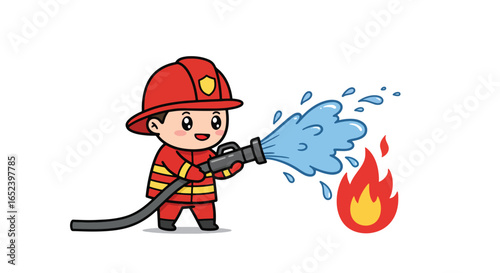Cute Cartoon Firefighter Extinguishing Fire with Hose