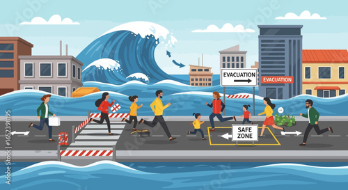 Urban population in panic running for evacuation to a safe zone during a catastrophic tsunami disaster