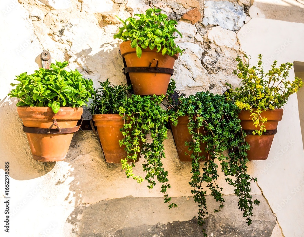 Naklejka premium Hanging terracotta pots with herbs