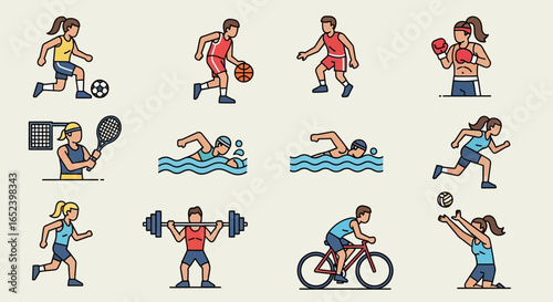 Collection of colorful sport and fitness icons representing various athletic activities and a healthy active lifestyle.