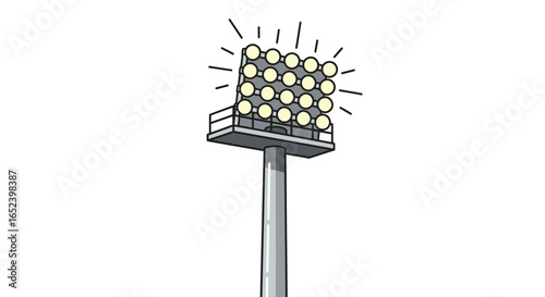 Vector illustration of a bright stadium floodlight on a pole. Arena lamp providing powerful illumination for night sports games, isolated on white.