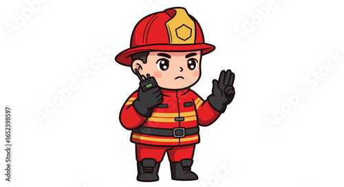 Cute Cartoon Firefighter Holding Walkie-Talkie and Signaling