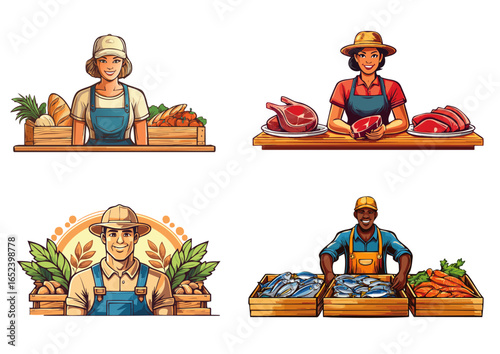 Local Farmers and Market Vendors Vector Illustration Set