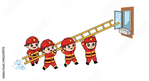 Cute Cartoon Firefighters Carrying Ladder for Rescue