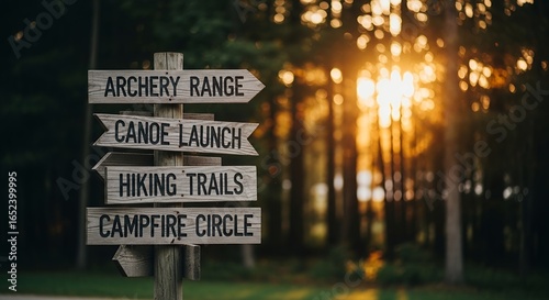 Wooden signpost pointing to various outdoor activities in a sun-drenched forest at golden hour.