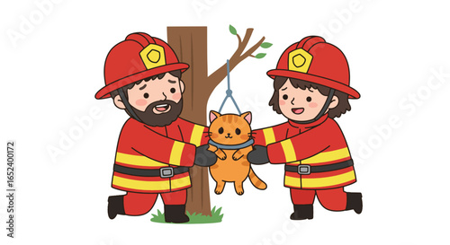 Cute Cartoon Firefighters Rescuing Adorable Cat from Tree