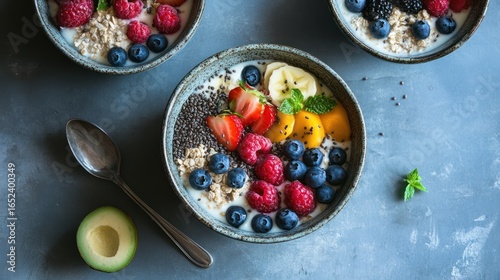 Delicious breakfast bowls with fresh fruits and chia seeds for a healthy start