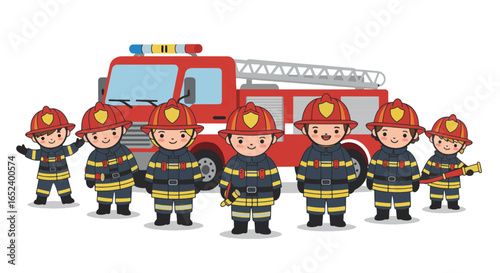 Cute Cartoon Firefighters Team with Fire Truck
