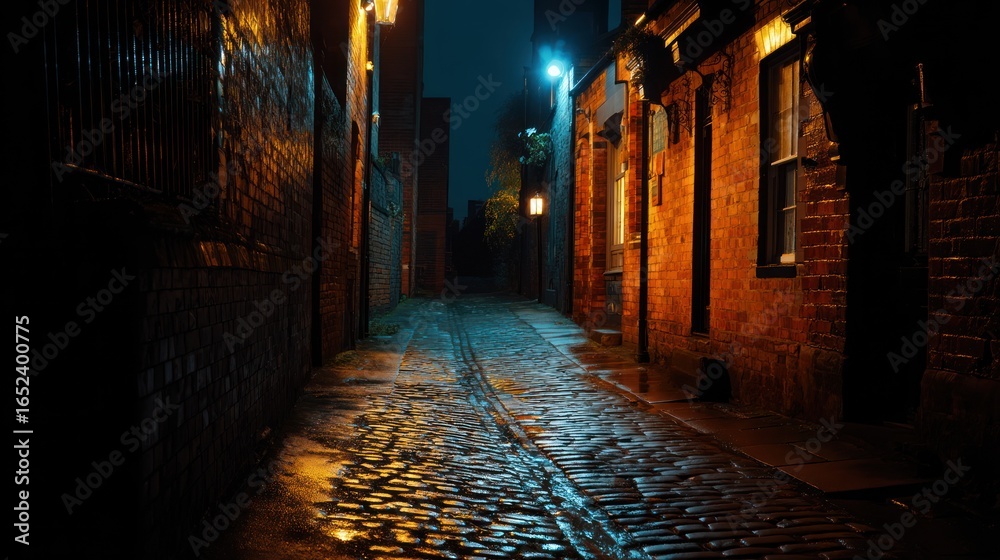 Fototapeta premium A quiet alleyway at night, with faint light from a nearby cafe and shadows creating a mysterious atmosphere.
