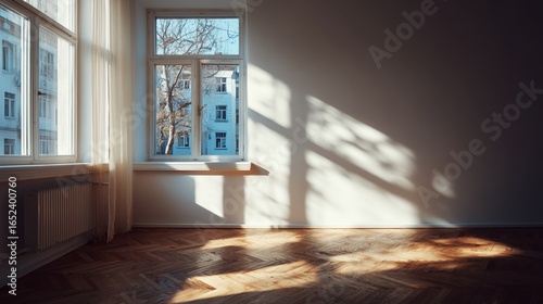 Bright empty room with sunlight casting shadows on the parquet floor through large windows, creating a serene atmosphere.