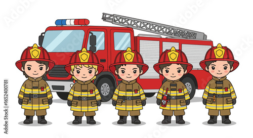 Cute Cartoon Firefighters Standing with Fire Truck