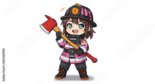Cute Chibi Firefighter Character with Axe
