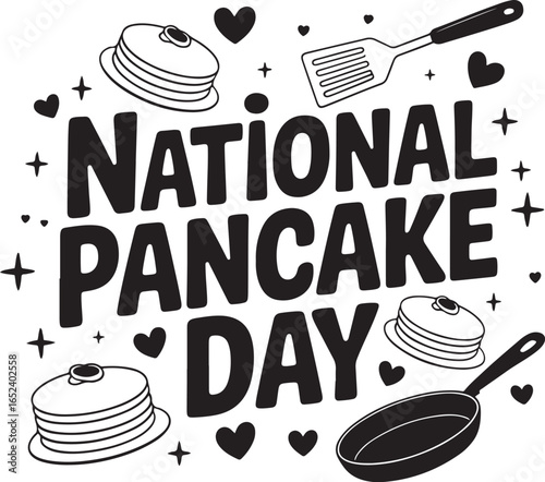 National Pancake Day Celebration with Pancakes, Hearts, Spatula and Frying Pan