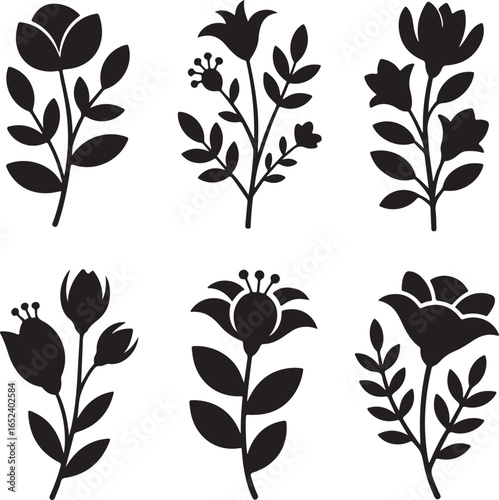 Six Silhouette Flowers Floral Elements Botanical Designs Leaves Stems plant