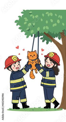 Cute Firefighters Rescuing Cat from Tree