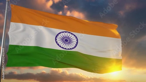 Indian Flag at Sunrise: Vibrant Saffron, White, and Green Stripes Against Dramatic Sky