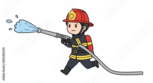 Determined Cartoon Firefighter Spraying Water