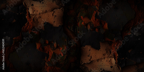 Textured landscape of cracked, earthy terrain with a mix of dark brown, reddish, and grayish tones, resembling a dry, rugged surface.