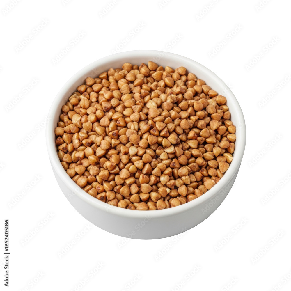 A small, transparent porcelain bowl with unblemished surfaces holds perfectly toasted buckwheat groats (kasha) on a seamless transparent studio background with no shadows. Concept of natural A small, transparent porcelain bowl with unblemished surfaces holds perfectly toasted buckwheat groats (kasha) on a seamless transparent studio background with no shadows. Concept of natural